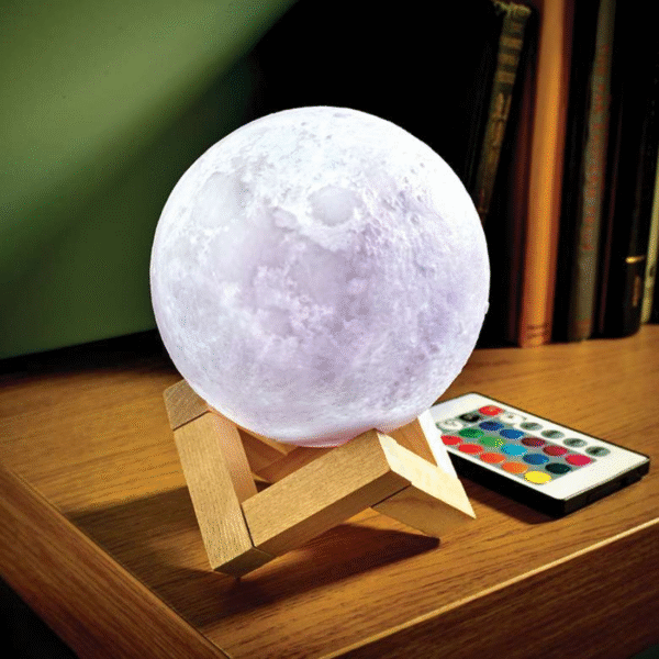 7 Color Changeable 3D Moon Lamp with Stand – Rechargeable Night Light for Kids & Adults - Image 2
